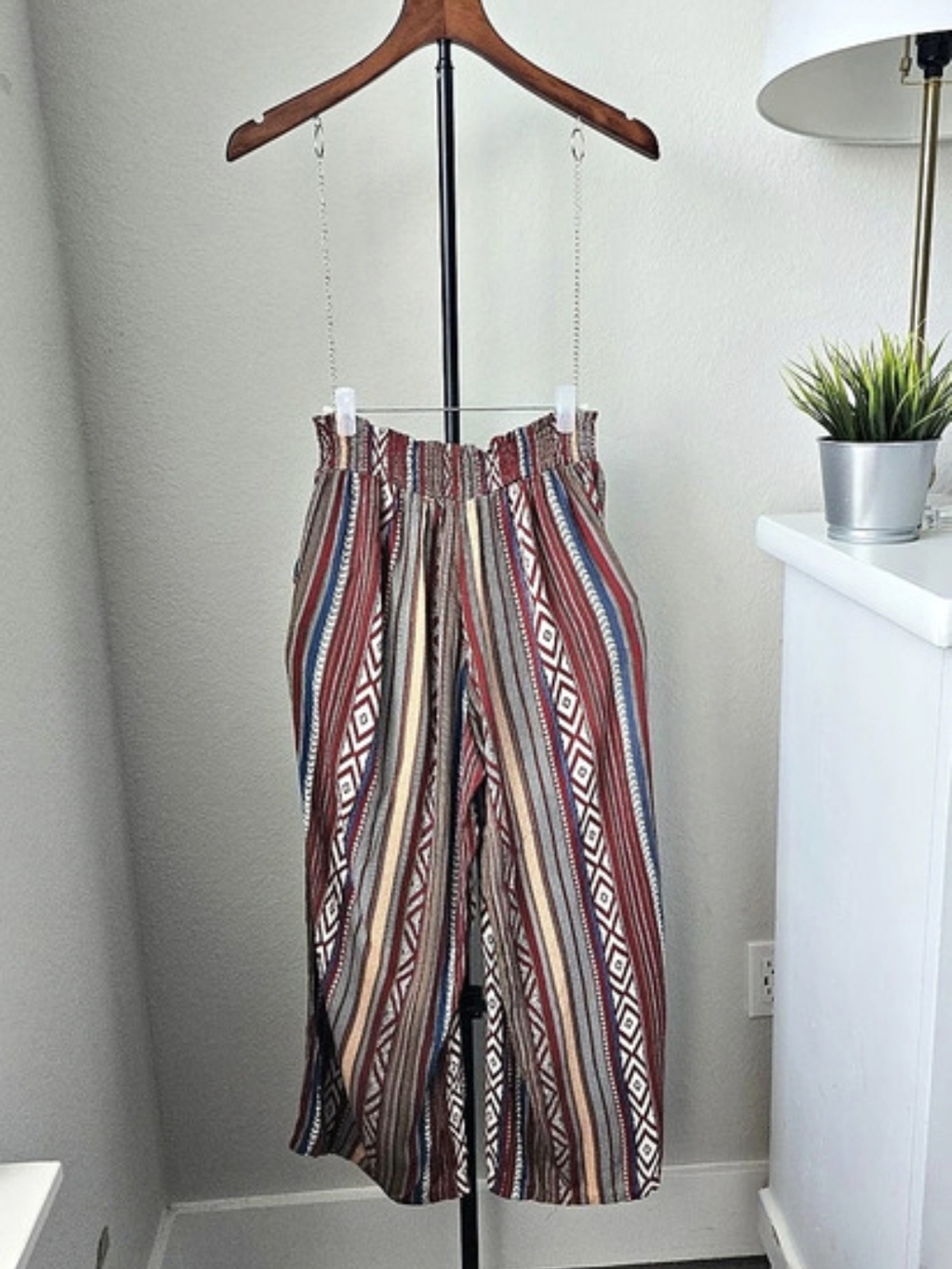 Boho Aztec Wide Leg Pants 32" Long S M L Smocked Waist 11" to 16" Vacation